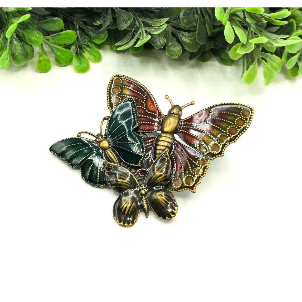Brooch cluster of three butterflies enamel antique finish - Picture 3 of 5